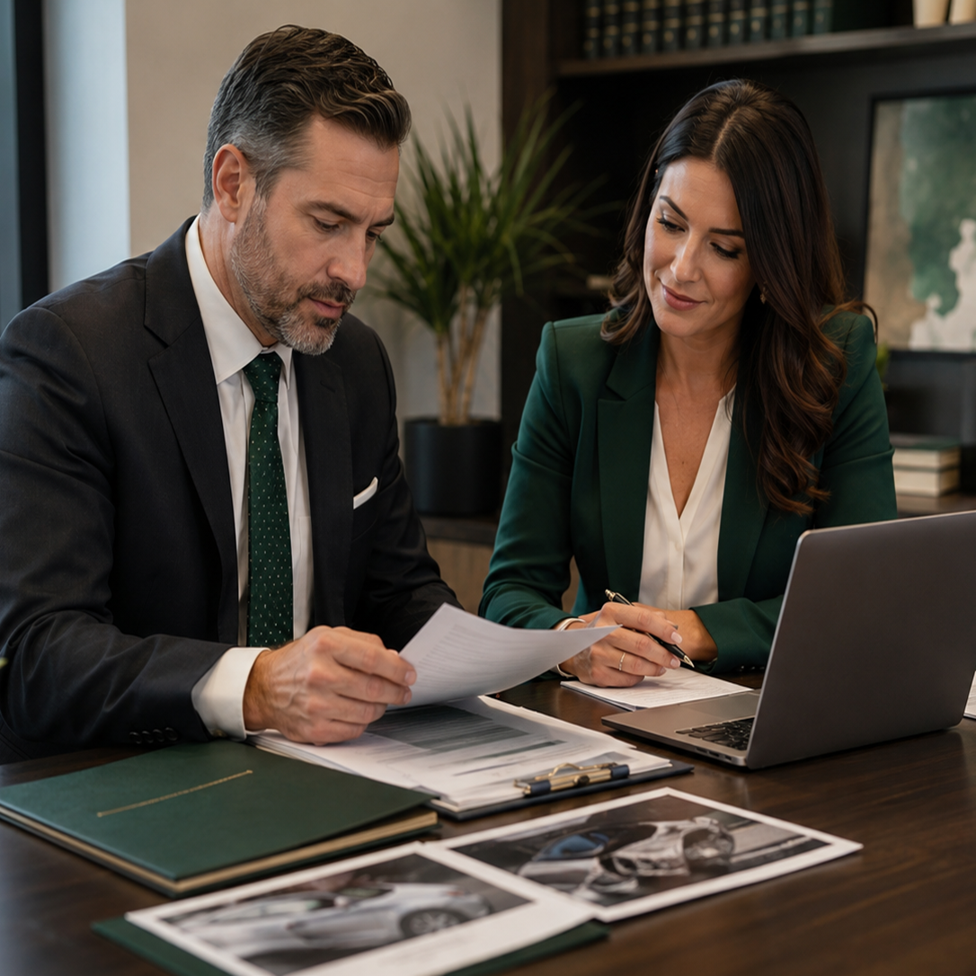 Attorney coordinating auto accident case documents for lawsuit funding review