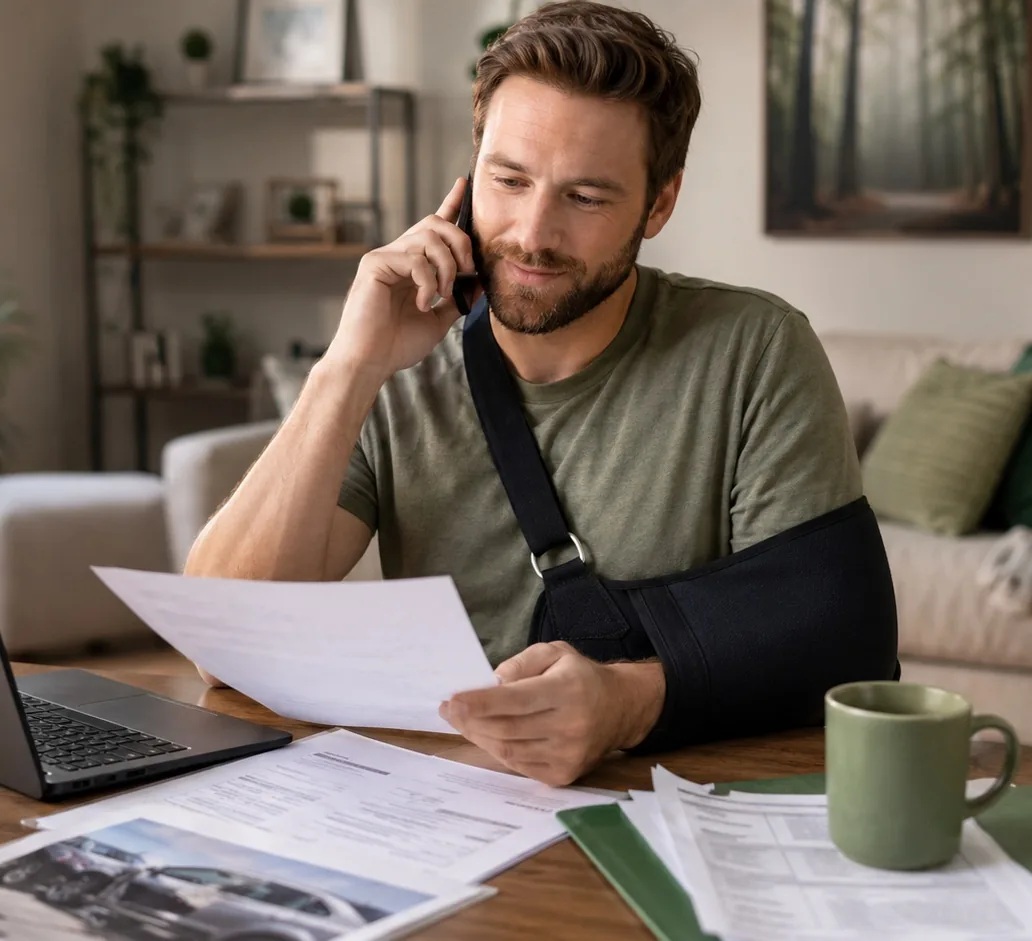 Injured motorcycle accident plaintiff reviewing financial paperwork while a legal claim is pending